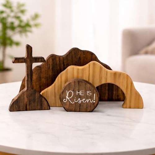 Christian Easter He is Risen Decor, Empty Tomb Cross Easter Decoration for Home, Easter Wooden Resurrection Scene Set Table Mantel Office Kitchen Decor Gift (Brown-4pcs)