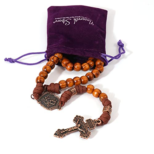 Nazareth Store St Michael Paracord Rosary Beads Rugged Rosary Necklace Strong Corded Catholic Pardon Crucifix - color: Wood Beads