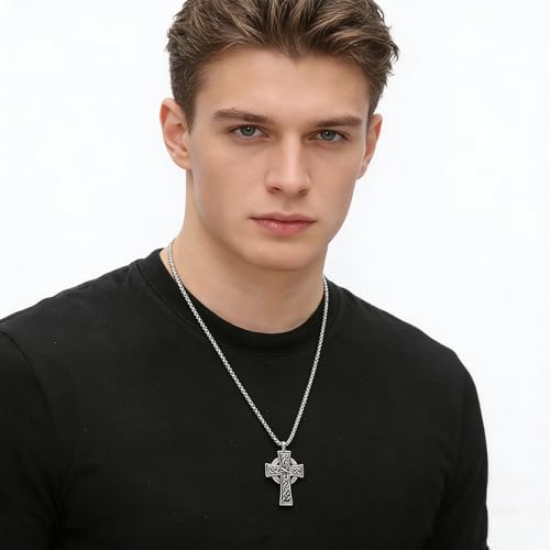 HZMAN Stainless Steel Celtic Cross Necklace for Men Women,Waterproof - color: Silver