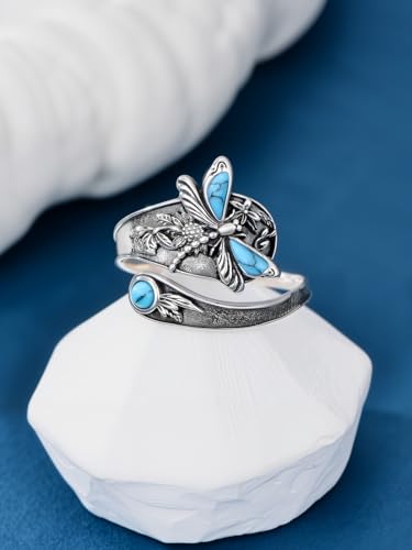 Dorunmo Adjustable Open Rings 925 Sterling Silver Cute Animal Rings for Women Vintage Jewelry Gifts - style: Dragonfly Turquoise