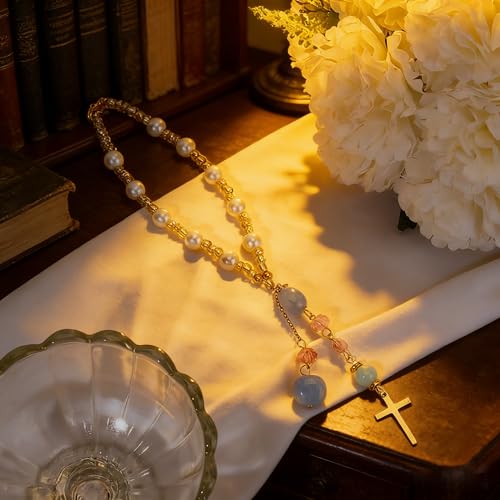 Natural Jade Cross Car Hanging Ornament – Rearview Mirror Suncatcher with Glass Beads and Pearl Accents, Car Decor, Window Balcony Keychain