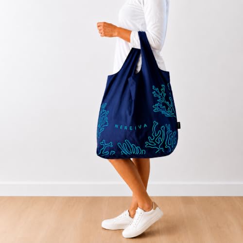 55 Pound Reusable Shopping Bag - Folds into a Small Pouch - Washable Reusable Grocery Bag, Durable & Stylish with handles for Easy Shoulder or Hand Carry - color: Navy Blue