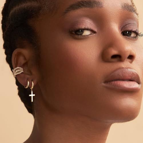 MYEARS Women Earrings Gold Huggie Hoop Dangle Drop 14K Gold Plated Small Simple Hypoallergenic Everyday Jewelry - style: Cross