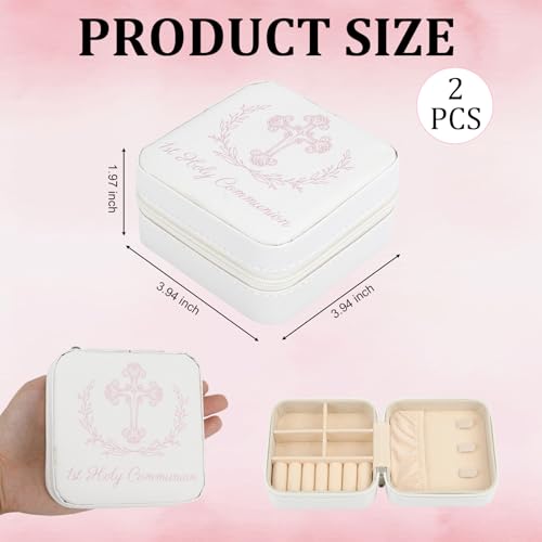 2 Pcs White First Communion Travel Jewelry Box, First Communion Gifts for girls Jewelry Case, Inspirational Religious Baptism Gift Small Square Container with Zipper for Rings Earrings Necklaces