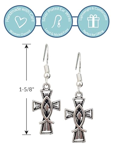 Jesus Cross Ichthys Fish Antique Silver Charm Earrings for Women