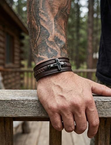 Mens Leather Cross Bracelet Braided Multi Layer Wristband with Stainless Steel Clasp - Christian Religious Gifts for Him(Brown/Black/Blue) - color: Brown Leather&Black, size: 9in(Fits larger wrists)