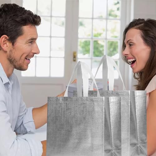 cabzymx 16 Pcs Glossy Silver Reusable Gift Bags, Metallic Bling Design Holiday Gift Bag with Handles & Bases, Non-woven Goodie Bags Bulk for Birthday, Wedding, Parties, Graduation- 12.6x4.7x11 In - color: Silver, size: 1 Count (Pack of 16)
