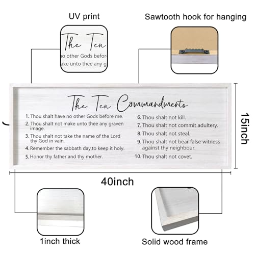 The Ten Commandments Rustic Bible Verse Framed Wall Art, 40''×15'' Positive Religious Christian Saying Sign for God Jesus Christ Prayer, Vintage Horizontal Holy Inspirational Catholic Scripture Decor - color: White Frame, style: The Ten Commandments