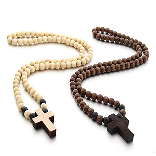 COLORFUL BLING Natural Wooden Catholic Rosaries Wood Crucifix Prayer Beads Pendant Necklace Prayer Jesus Religious Cross Rosary Necklace Handmade Jewelry - color: round light