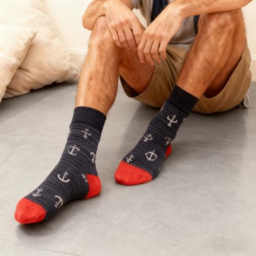 Men's Colorful Striped Dress Socks, 5-Pack Cotton, Sock Size 10-13 - color: Navy Blue Solid & Pattern Mix