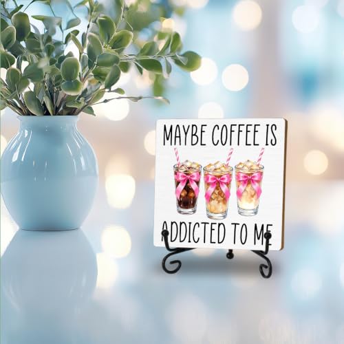 Coffee Bar Sign, Coquette Pink Bow Coffee Wooden Plaque With Iron Stand - color: Iced Coffee