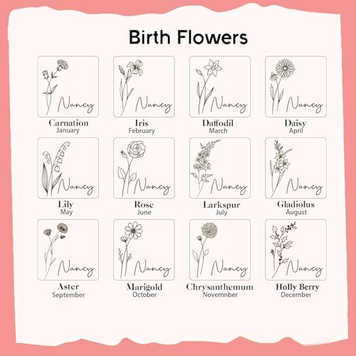 Ships Next Day, Personalized Travel Jewelry Mirror Case with Name Birth Flower, Bridesmaid Proposal Gifts Box Custom Birthday Gifts for Women, Christmas Customized Gifts for Teenage Girls - color: Birth and Flower Box-Pink