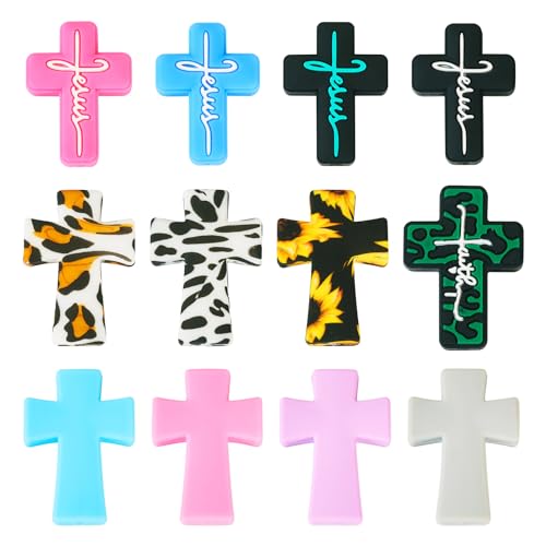 Beadthoven 12pcs Cross Silicone Focal Beads for Pens Leopard Printed Jesus Faith Cross Silicone Rubber Beads for Keychain Beadable Pens Jewelry Bracelets Making DIY Crafts - color: Crosses 12 Styles