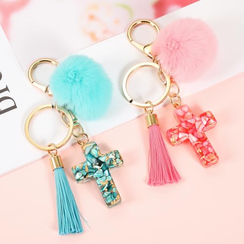 MWOOT 2PCS Cross Keychains for Women, Christian Keyring Tassels Plush, Resin Jesus Key Chain, Bag Charm Car Accessories - color: Pink+blue