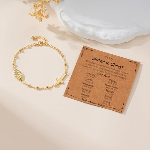 Gnamy Happy 13th 15th 16th 21th 30th 40th 50th Birthday Bracelet Gifts for Women Girls, 14k Gold Plated Virgin Mary Cross Bracelet Catholic Religious Friendship Jewelry for Her - style: To MY Sister in Christ
