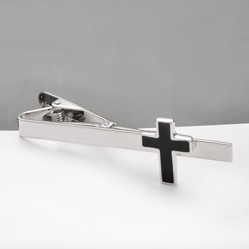 Silver Gold Cross Tie Clip for Men CZ Mother of Pearl Oil Drip Tie Bar Clip Personalized - color: silver