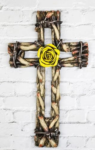 Ebros Gift Rustic Western Yellow Rose with Distressed Faux Wood and Barbed Wires Decorative Wall Cross Plaque Figurine Inspirational Home Accent