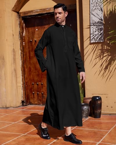 YAOHUOLE Men Islamic Caftan Thobe Big and Tall Kaftan with Pocket Mens Arab Thobe Men Kaftan Thobe - color: Black, size: XX-Large