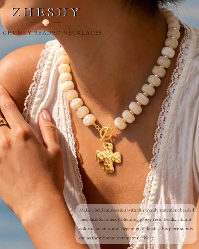 ZHESHY Chunky Beaded Necklaces for Women Heart Cross Statement Necklace - color: White 1