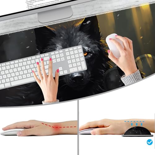 Extended Non-Slip Mouse Pad + Mouse Wrist Rest + Lace-Shaped Coaster Set, Ergonomic Design, Suitable for Desk and Home Gaming Table Mat, Black Wolf - color: Black Wolf