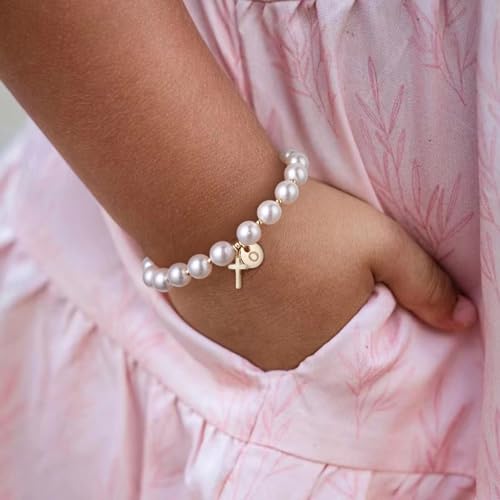 Cross Initial Bracelet Dainty Gold Cross Pearl Bracelet with Letter A-Z Christian Baptism Gifts Religious Faith Jewelry Stocking Stuffers for Teens - color: Gold O