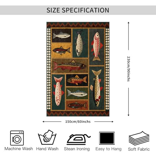 FoxUncle Fish Tapestry 60 X 90 Inches Vintage Dark Western Wall Art Rustic Country Salmon Trout Painting Retro Cabin Aesthetic Decor for Living Room Bedroom - color: Black, size: 90"L x 60"W