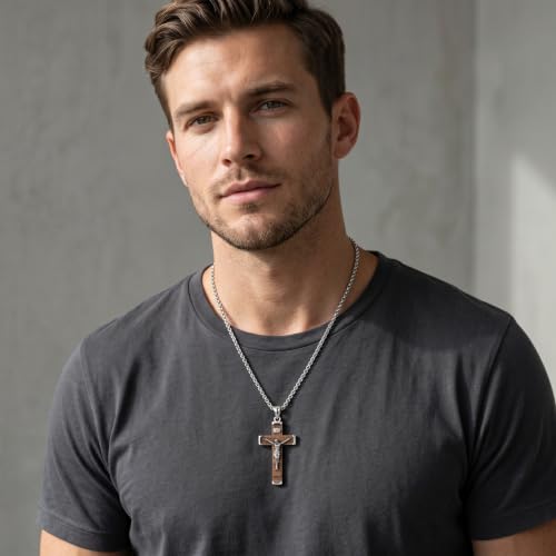 Cross Necklace for Men 925 Sterling Silver & Wood Cross Pendant with Stainless Steel Chain Cross Necklace for Men Women Christian Jewelry Gift - color: Crucifix
