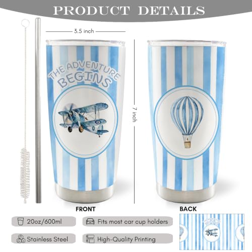 Blue Striped Airplane Kids 20oz Travel Coffee Mug Tumbler - color: begins