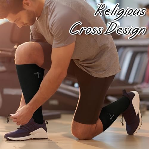 Berlune 4 Pair Christian Compression Sock Cross Religious 20-30 Mmhg Jesus Cotton Knee High Football Sock for Men Women Adult - color: Basic Color