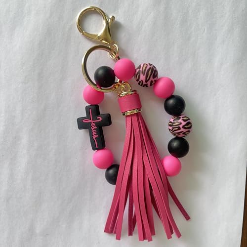 Silicone Beaded Jesus Cross Wristlet Keychain Leather Tassel,Key Ring Wrist Bangle,Key Chains Bracelet Women - color: Dark Pink Cross