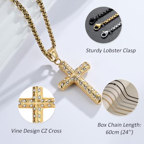 Men's Cross Necklace, Vine Design Iced‑Out Cubic Zirconia - color: gold