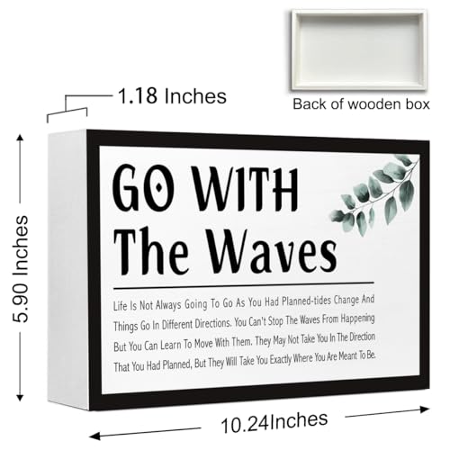 Go With the Waves Inspirational Wood Box Sign,Motivational Quote Wooden Block Sign Desk Decor for Home Office Bedroom Shelf Tabletop Decor - style: Go With the Waves