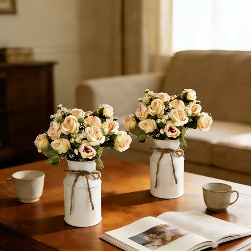 Artificial Rose Centerpiece with Metal Vase, 6 sets, White & Champagne - color: 6 White Vases & 12 Champaign Roses