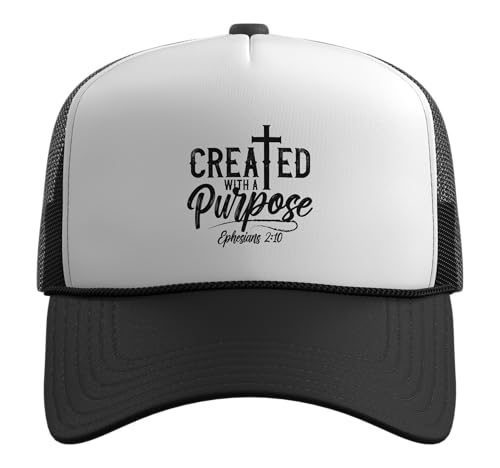 Created with a Destiny Ephesians 2 10 Bible Verses Trucker Hat with Adjustable Mesh Back - color: Black/White