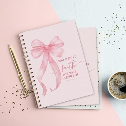 2 Corinthians 5:7 Bible Verse Lined Notebook Hardcover, Girly Preppy Bow Religious College Ruled Notebook Journal - color: coquette bow