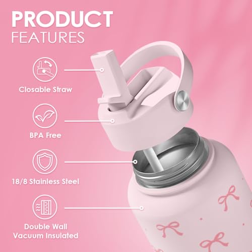 Pink Bow Water Bottle Stainless Steel Insulated Vacuum 32oz with Lid, Gifts for Women Girls Teens Birthday Christmas - color: Coquette Pink Bow