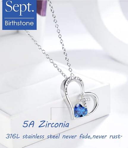 Birthstone Cross Necklace for Girls, Child of God Cross Gifts Jewelry - color: 09. September, style: 01. Silver