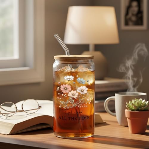IWXYI Floral Christian Glass Cup with Lids and Straws 14oz, Christian Gifts for Women, God Is Good All the Time Bible Verse Religious Iced Coffee Tea Drinking Glasses with Cleaning Brush - color: Floral Christian