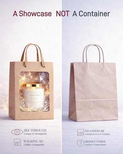 VAGREEZ 15-Pack Gift Bags with Clear Window, Reusable Small Medium Kraft Transparent Window Paper Bags with Handles in Assorted Colors and Bulk Pack for Party, Wedding, Birthday and Small Business, Brown / Small - color: Brown, size: Small / 15 Pack