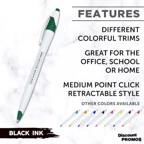 DISCOUNT PROMOS Personalized Ballpoint Pens, Bulk Packs of 4 to 5000 Pieces, Black Ink, Slim & Curvy Design, Retractable, Ideal for Office, Corporate Merchandise, Tradeshows - Green - color: - Custom - Green, size: Pack of 1 (Count options: 4–5,000)
