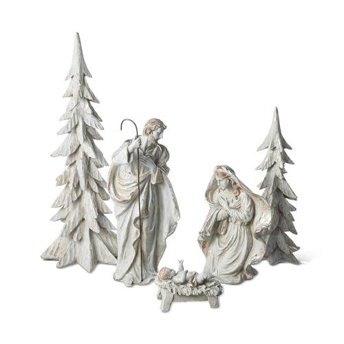 Glitzhome Nativity Set with Christmas Table Trees 5Piece, Hand-Painted Holy Family (Mary, Joseph, Baby Jesus) Gold White Nativity Figurines Sets Resin for Xmas Indoor Mantels, Tabletops Decorations - color: White/Gold