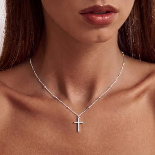 S925 Sterling Silver Over Cross Necklace for Women 1.5mm Bead Chain
