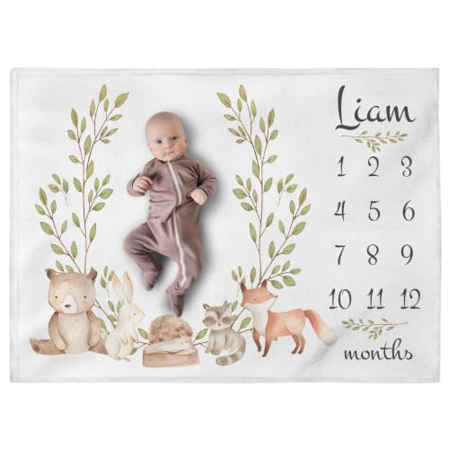 Woodland Animals Name Blanket, Personalized Boy Eucalyptus Greenery Leaves Trees Bear Fox Raccoon Deer Bunny Owl - color: Forest Blanket #4