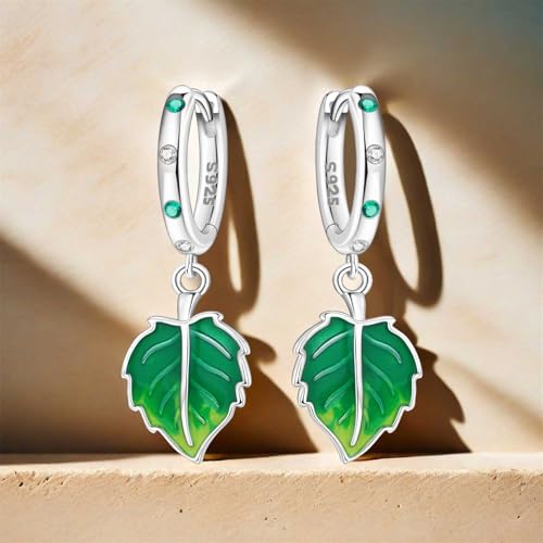 925 Sterling Silver Drop & Dangle Earrings for Women,Butterfly Dragonfly and Bee|Flower and leaf Earrings, Suitable for Sensitive Ears Fashion Jewelry Gift- Hypoallergenic Earrings - color: Green leaf