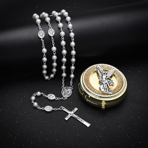 KOMI 6mm Glass Pearl Rosary Beads Catholic for Women with Metal Rosary Box Religious Gifts - style: St Michael-white