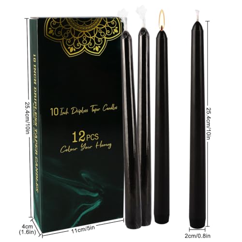 12 Pack 10 Inch Black Taper Candles - Dripless Smokeless Unscented for Wedding, Halloween & Home Decor - color: black-10“12pcs