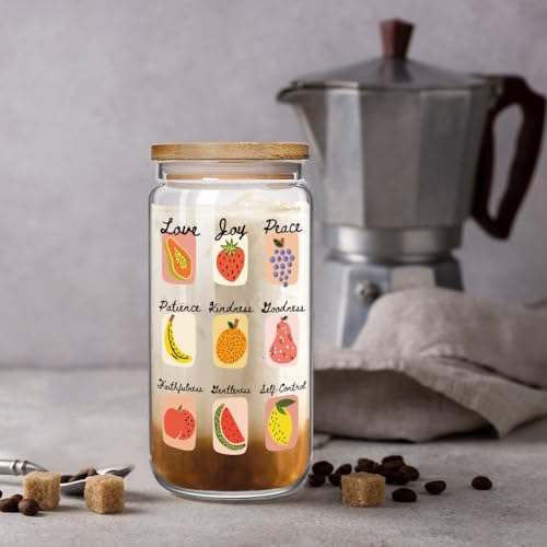 Christian Religious Glass Cup Gifts for Women Mother-Love Joy Peace Fruit of the Spirit, Christmas Inspirational Jesus Catholic Spiritual 16oz Glass Cup with Lid and Straw Gifts for Ladies Friends