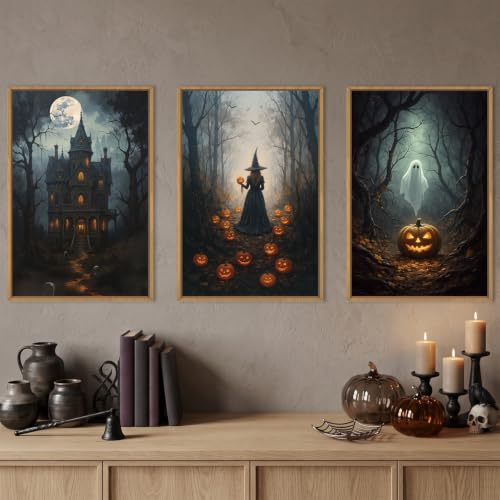 Ausril Halloween Moon Castle Framed Canvas Wall Art Set, Scary Dark Forest Witch Wall Decor, Cute Ghost Wall Painting, Pumpkin and Bats Art Prints for Gothic Party, living room, Club -16"x24"x3 - color: Halloween Moon Wall Art, size: 16"L x 24"W