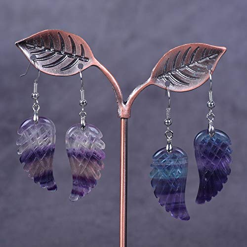 Gemstone Crystal Healing Reiki Chakra Handmade Angel Wing Dangle Earrings - color: Rainbow Fluorite