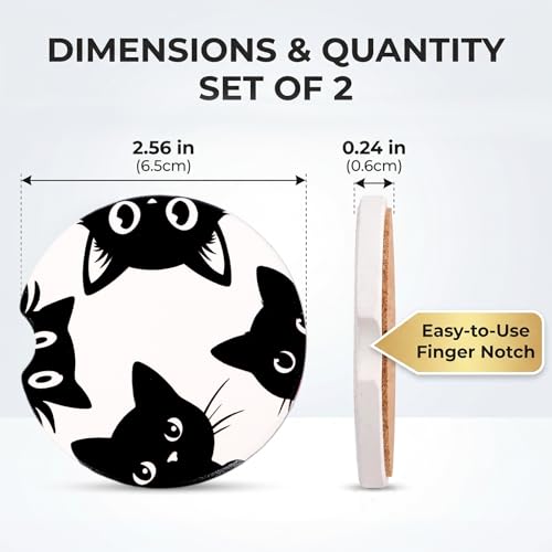 Car Coasters for Cup Holders - 2 Pack Black Cat Cup Holder Coasters for Car with Finger Notch, 2.56 Inch Cute Cars Ceramic Interior Accessories with Cork Base for Women Men - color: Black Cat